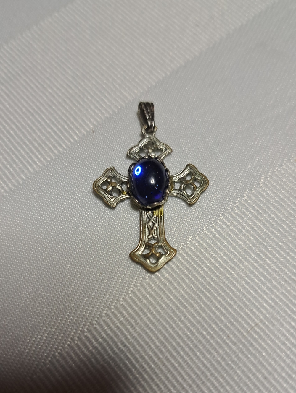 Silver Cross Pendant with Deep Blue Cabochon